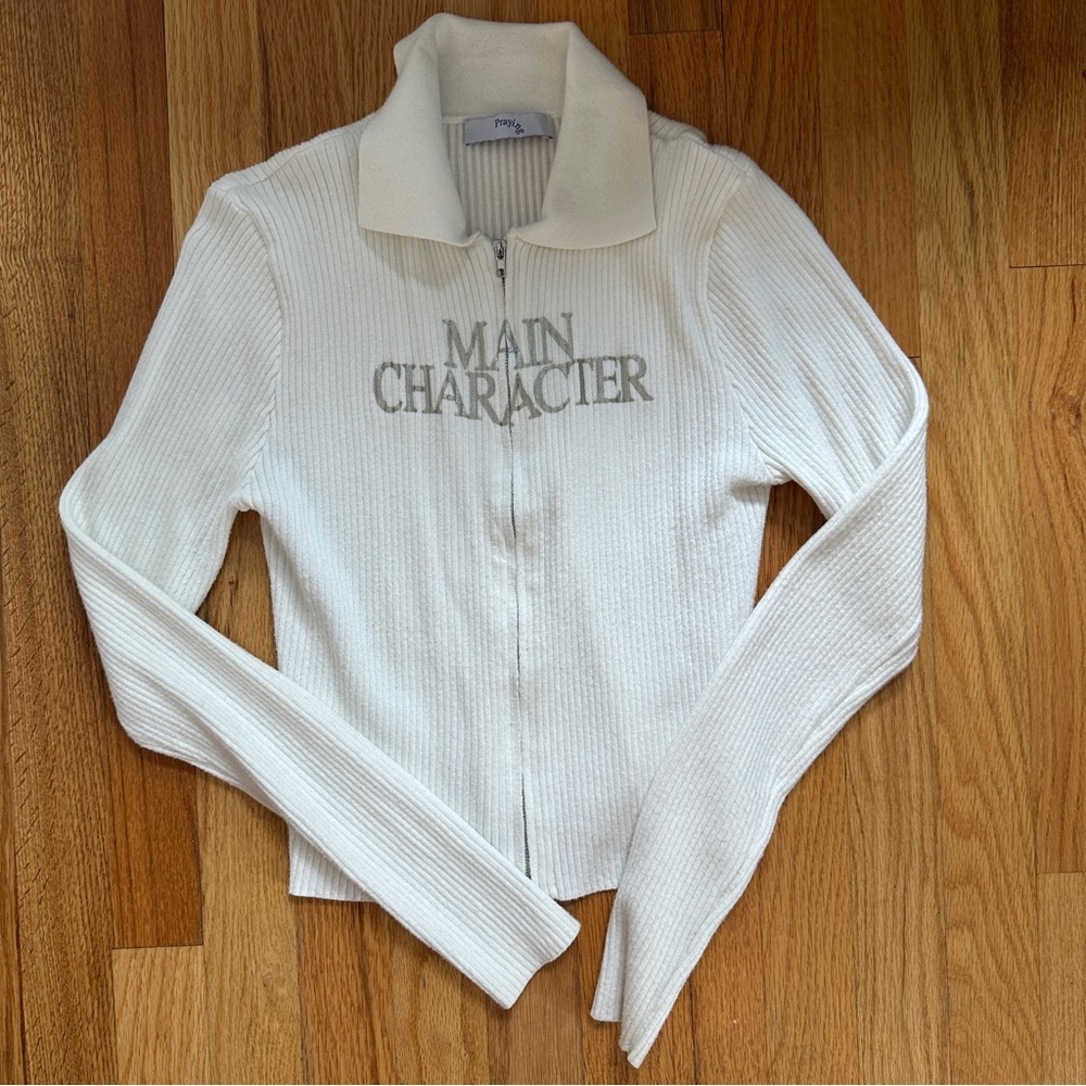Praying White Ribbed Zip-Up Sweater Sz. Large